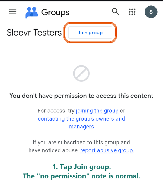 Google's group page: tap the Join group button at the top. The no permission message is normal.